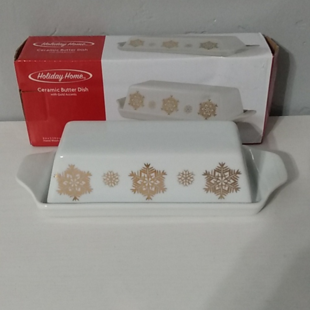 Holiday home ceramic butter dish w/ gold accents‎